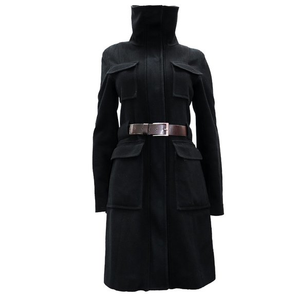 DKNY Black Military Belted Wool Trench Coat Size 6 - Picture 1 of 8
